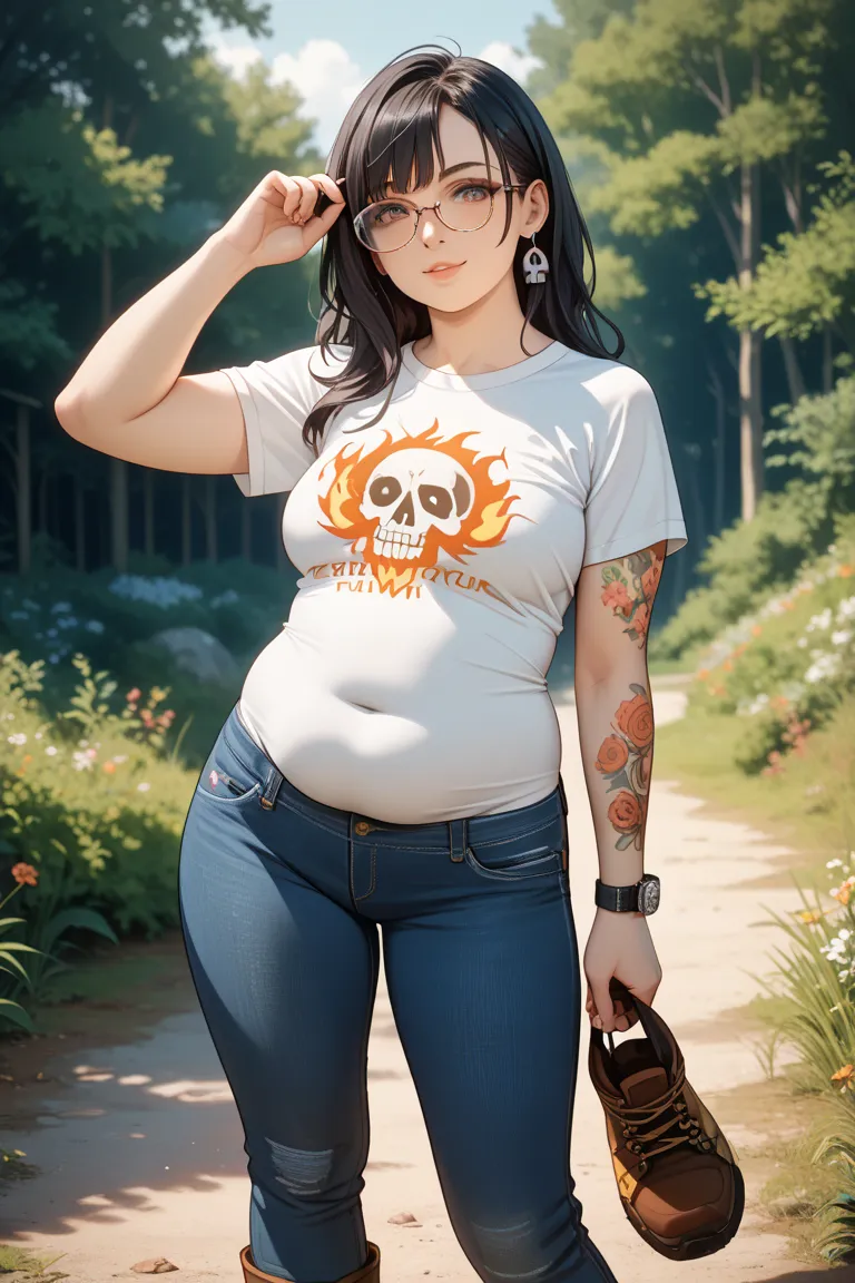 chubby woman.  long black hair.  hazel eyes. Skull T-shirt. jeans.  hiking boots . Right arm tattoo.  aviator glasses . Fire left hand. anime