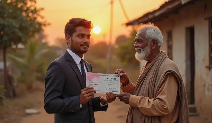 A heartwarming and emotional scene: Ravi, now a young professional, stands in front of his small village home, dressed in a neat formal suit, holding his first paycheck with pride. His elderly father, wearing simple traditional clothes, places a loving han...