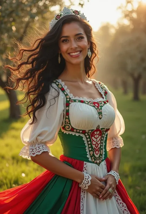 a beautiful 18-year-old woman with long, curly black hair tied up with a white Andalusian comb, wearing a typical flamenco dancer dress inspired by the flag of Andalusia, green on top, white in the middle and green on the bottom, smiling expression, with h...