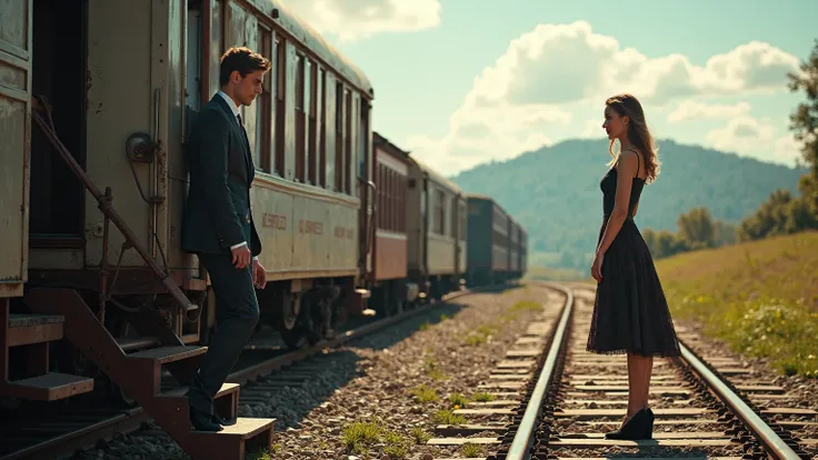 A man is standing on the train steps, a beautiful sexy woman is standing on the tracks and looking at the man. The location is a train station, in a beautiful place.