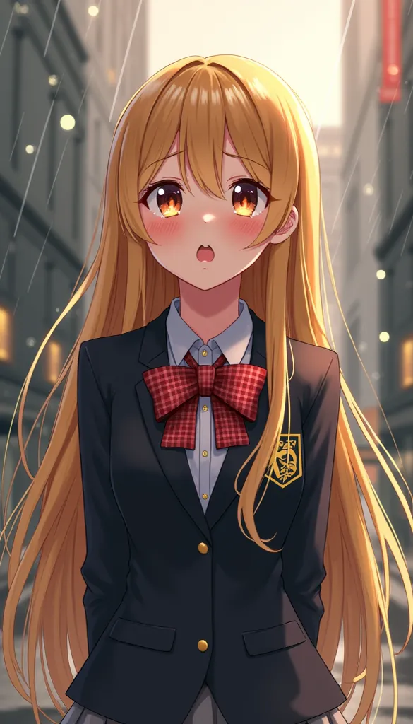 1 Beautiful Girl , (Alluring, crying, regrettable, shout,  looks up), Anime Style, ( Gold, long hair), (Mid-chest), Fashion Model Body Type, (School blazer , red check bow tie, Soaked all over:1.2), Extremely cute , ( bust shot), In the rainy city ,  stand...