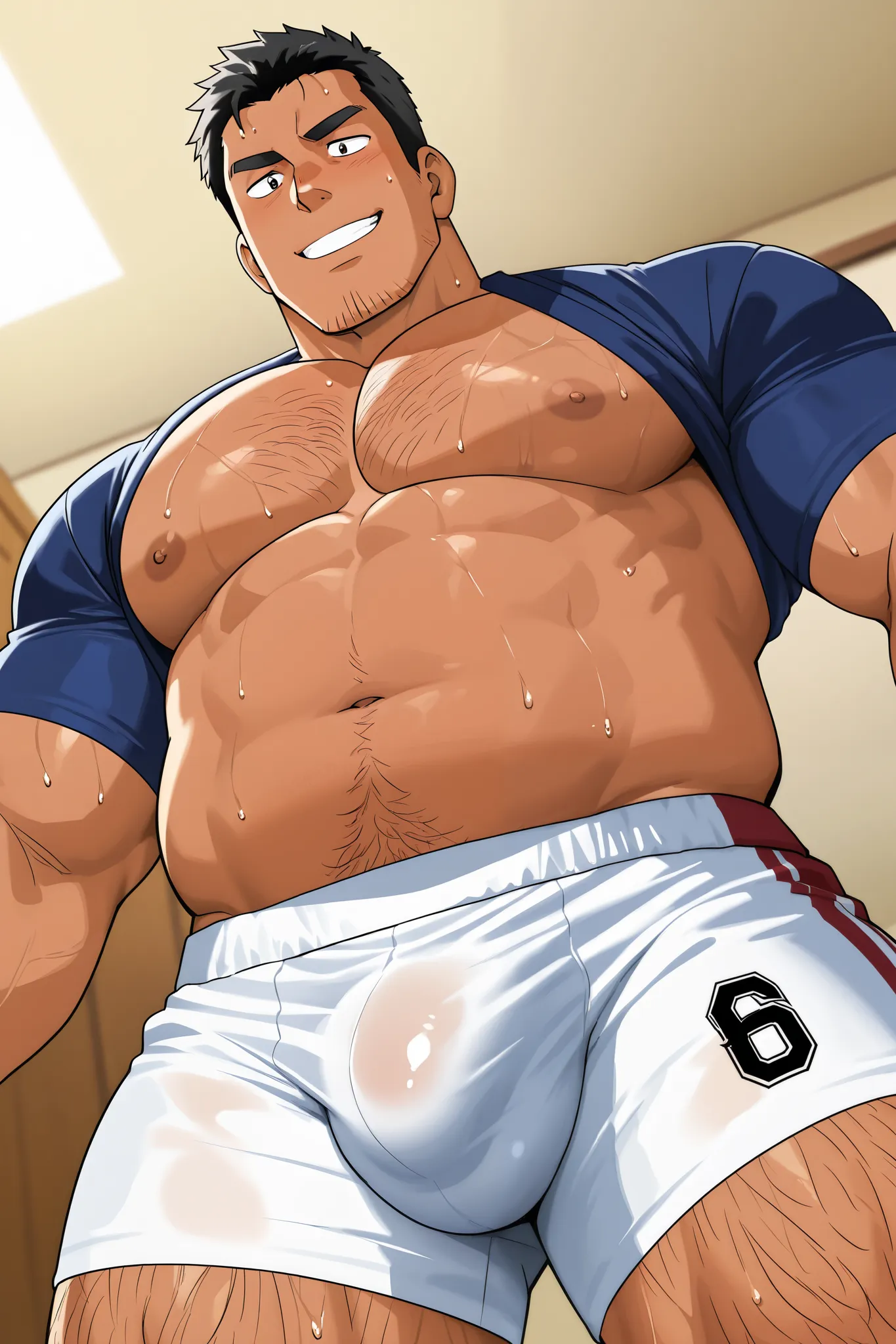  (Japanese father :1.5)， Forties，(fat :1.3), (chubby:1.5)，(sweaty:1.2)，rugby uniform ，(hairy body:1.2), (so huge bulge:1.2),  (nasty smile:1.2), Stubble，tanned skin，(Dilf:1.2)