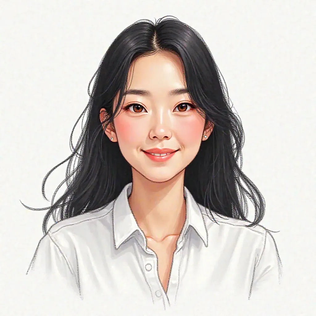 Bust up with a 58-year-old、black long-haired Japanese woman wearing a smiling white shirt in a line drawing with a sense of sizzle