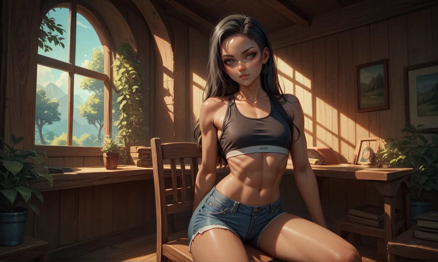 Black Long Haired Twelve Year Old Boy，dark skin，Flat chest，sports bra，bare arms， Bare Waist ， Slim Fit，denim shorts，thigh，High Resolution,  Best Quality , Small individuals，Interior of the tree house，Sunlight，sit down，Wooden chair