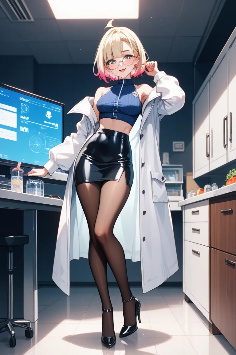 The hair is short and short than the shoulders, dyed blond、 height 170cm。Aobuchi glasses。Feminine faces。Blue sleeveless and black tight skirt that is shorter than the inseam and has a full crotch、black tights and black heels。is wearing a white coat。, has m...