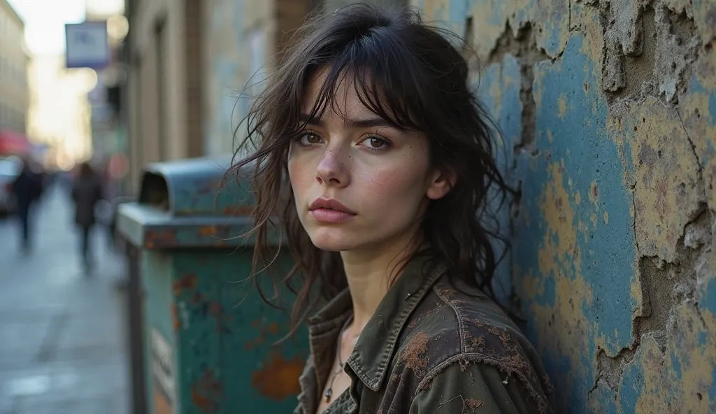 take an ultra realistic photo of a dirty Russian very beautiful girl in torn things standing near a trash can. the photo should be bright and colorful