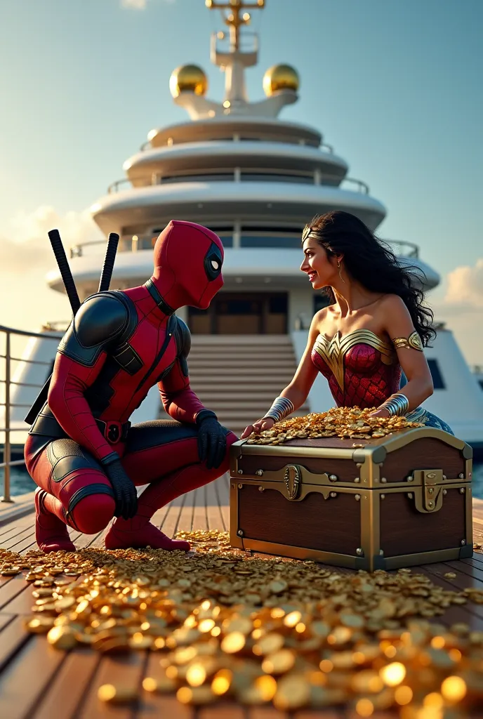 "Create a stunning, cinematic digital artwork of Deadpool and Wonder Woman sitting on the deck of a luxurious yacht, surrounded by treasure chests overflowing with gold coins. Deadpool, in his iconic red and black suit with katanas on his back, is casually...