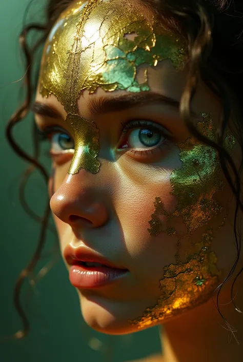 Using khaki green and gold colors,high quality,4K,detailed , realistic,foto realistic,hdr,UHD,studio lighting,ultra-fine painting ,sharp ,deep eye contour,Facial Details,deep head,strong expression,contracted eyebrows,reflected lights,antique alloy metal,c...