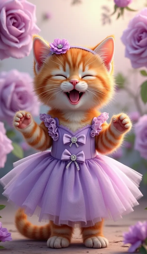 A highly detailed, ultra-realistic digital painting of an adorable orange tabby kitten with soft, fluffy fur. The kitten has a joyful, closed-eye smile and is standing on its hind legs with its front paws raised in excitement. It is wearing an elegant, pas...