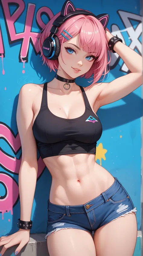 A digital illustration shoot from a frontal camera angle about a young woman with pink hair and blue eyes wearing a black crop top and denim shorts, standing in front of a graffiti-covered wall. the image also shows vibrant colors and a playful atmosphere....