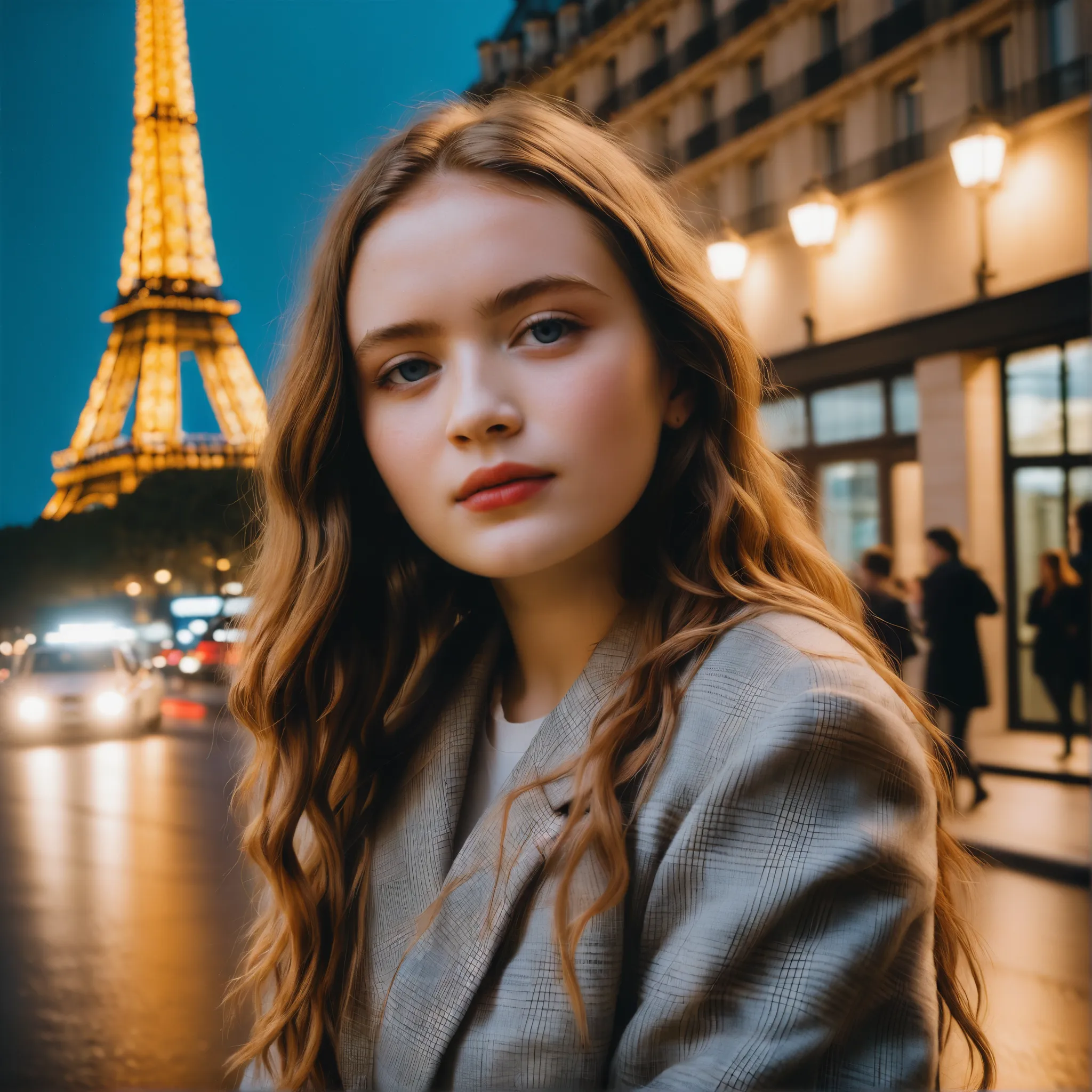  from  ((ohwx women )), ,a girl standing alone, in paris around the effel tower,  Dark night  ,  Film Grain , Headshot close-up gaya film analog, Vivid color,   1girl  ,  upper body,
( viewing audience :1.2),
long hair, blonde ,   plaid skirt  , best quali...