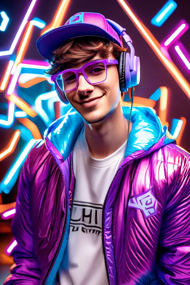 A 3D cartoon-style logo of a rapper-style young adult male character with brown hair wearing a cap, wearing blue reflective glasses and modern headphones with purple and pink details. The character has a confident smile and wears a dark quilted jacket with...