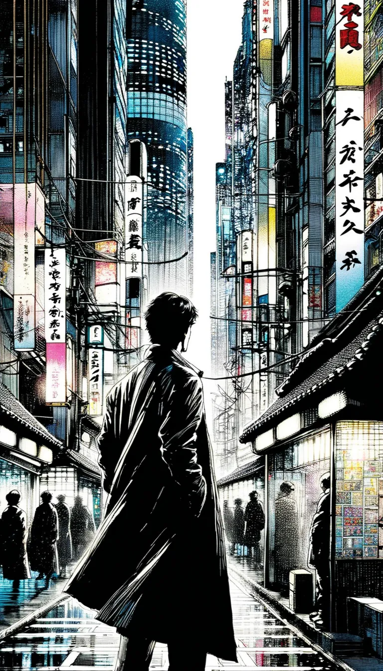 man, Japanese, 30-years-old, cityscape in Tokyo, noir, comic book-style drawing, ink brush strokes, colored pen, high contrast, cinematic lighting,