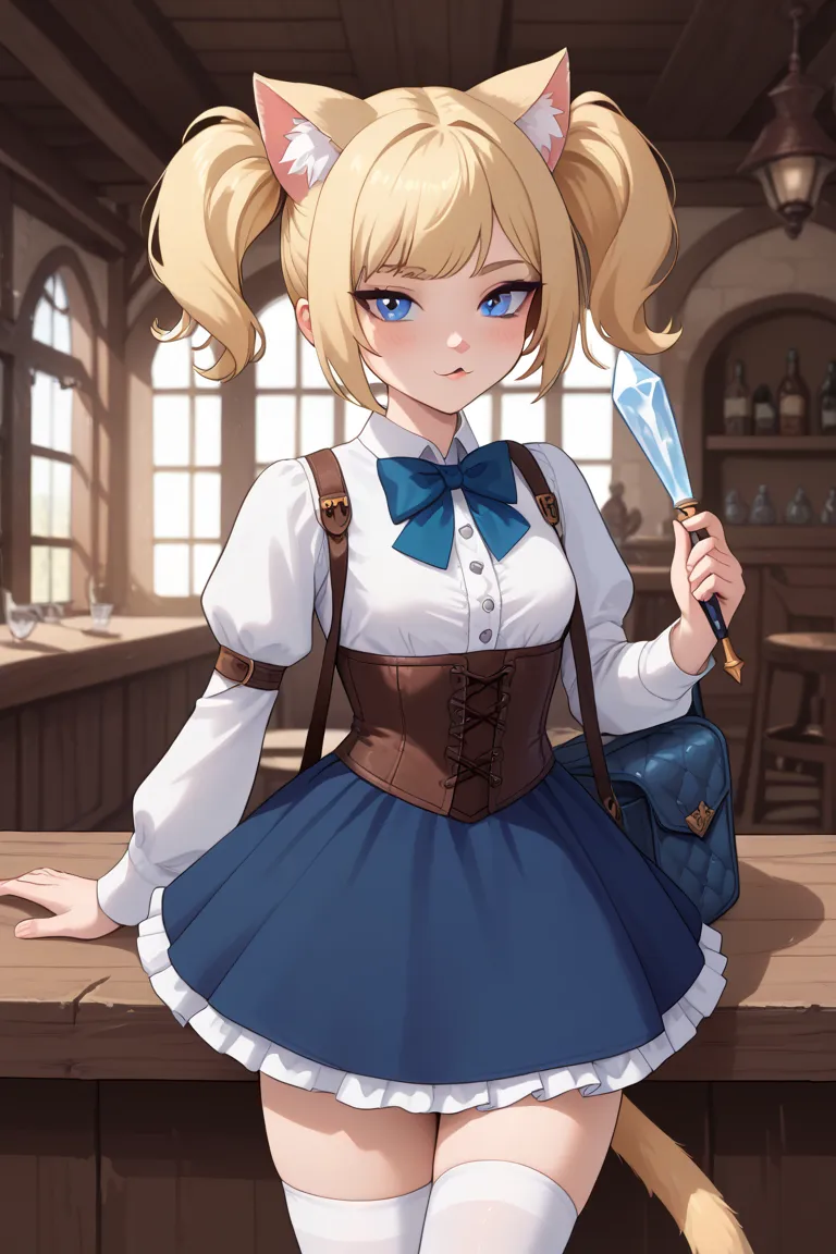 1 girl, cat girl, mage, white shirt, corset, pladed skirt, tighthigh socks, bowtie, blonde hair, blue eyes, cat ears, cat tail, small breasts, twintails, ice mage, tavern, medieval bag, short twintails, ice wand, 