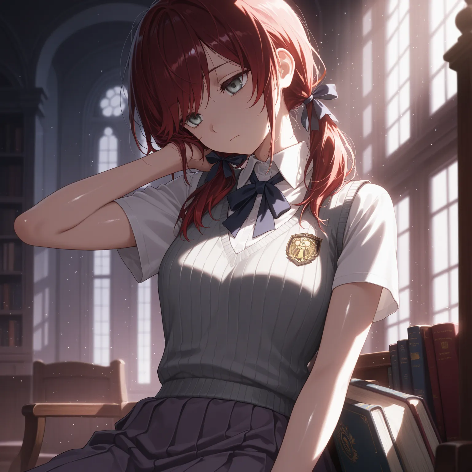 masterpiece, best quality, amazing quality,depressed, expressionless, :|, girl, sitting, light particles, thin, close up, books, dark red hair, swept bangs, low twin tails, hair ribbons, stoic, gray eyes, white sleeveless collared shirt, ribbed vest, gray ...