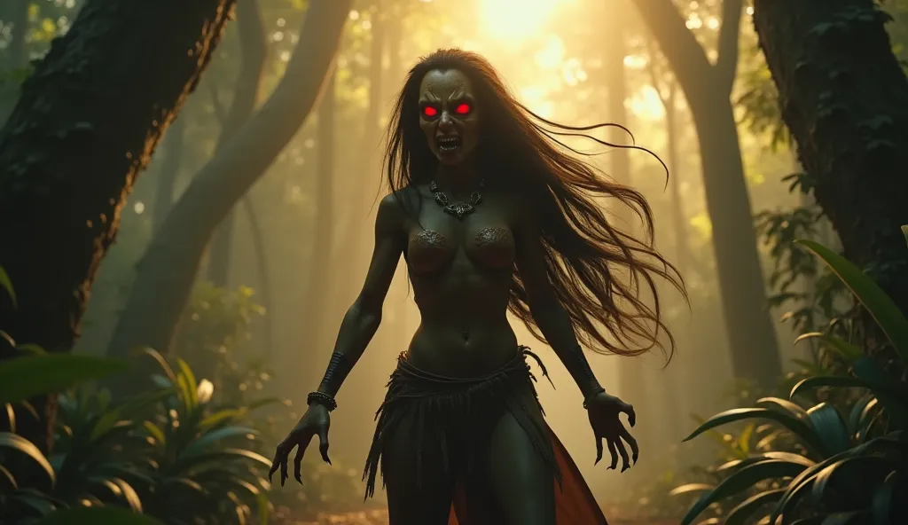 A highly realistic and cinematic 3D-rendered animation of Shurpanakha, the sister of Ravana, standing in a dense, eerie jungle. Her face has fierce Rakshasi features—glowing red eyes, sharp fangs, and a twisted snarl that fades into fear as she realizes th...