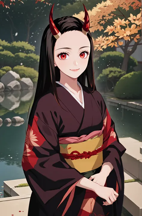 score_9, score_8_up, score_7_up, (Demon Slayer, Kimetsu no yaiba style), (nezuko kamado), (upper body, front view), (1girl, solo), (black long hair, straight hair, forehead), red eyes, (red demon horns:1.4), (looking at viewer, smile:1.1), kimono, (standin...