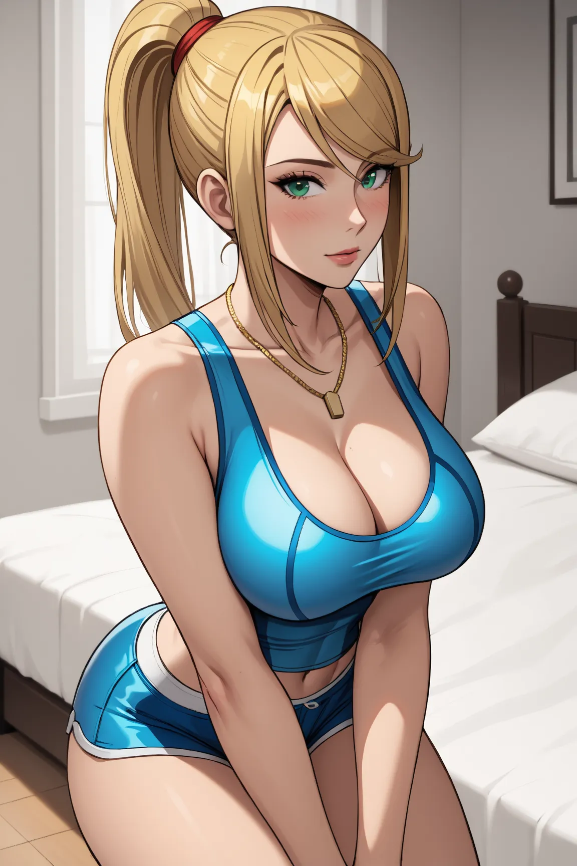 Only single character, anime girl (samus aran), looking at viewer, front view, green eyes, cute expression, blushing, necklace, wearing Tank top with short shorts, bedroom setting, beautiful detailed eye, beautiful hair, hair bun, large breast, natural sag...