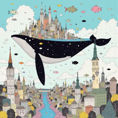 a whole city on top of whale, whale and fishes swimming in sky, centered in middle, sticker