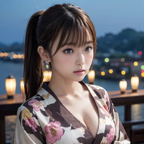 ((folding ponytail)),1 girl, beautiful girl、Alone, High Resolution, 最high quality, high quality, textured skin, Ultra High Precision,((beautiful big brown eyes)), (( Light Brown Hair )),((Flower pattern on a yukata))、((Photograph from the waist up)),((look...