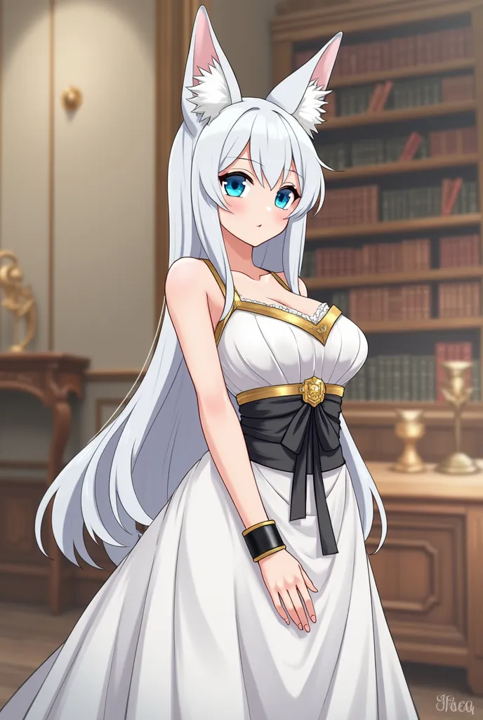 Adult woman has long white hair with pointed ears similar to those of a fox or wolf. Her eyes are large and bright blue. She wears a white dress with golden straps, a black ribbon around the waist and a black bracelet on the wrist. Her breasts are large an...