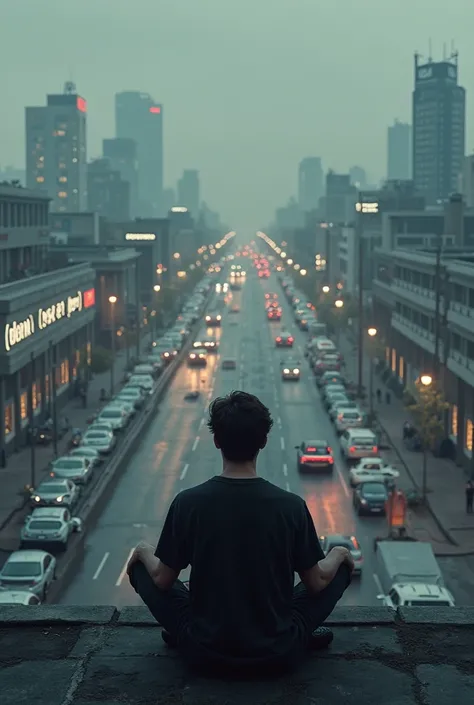 Image of a guy perched on the rooftop of a car dealership company
