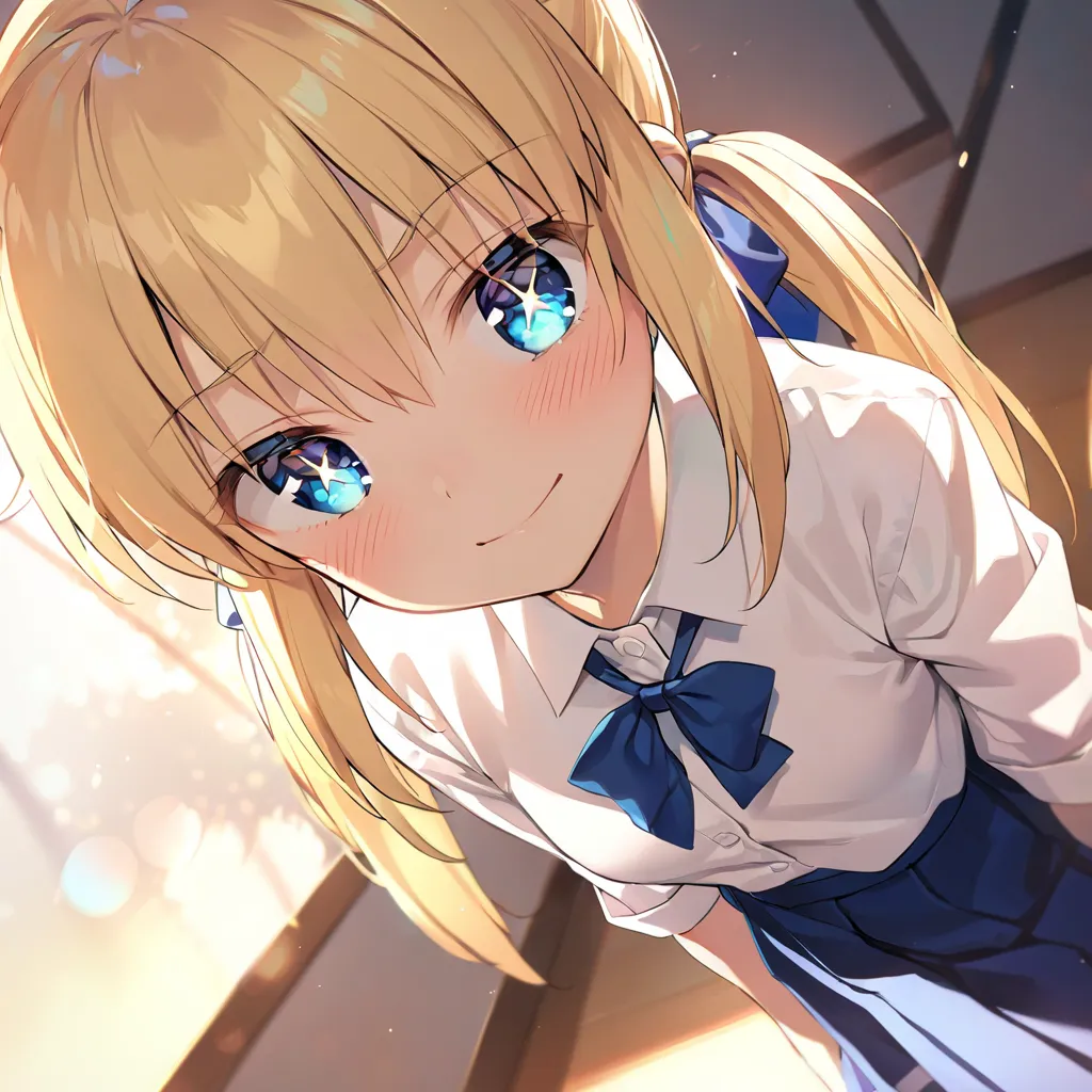 Saber (Fate/stay night), Artoria Pendragon, Fate series, blonde hair, blue eyes, twin tails, school uniform, white blouse, blue skirt, ribbon tie, cute expression, slight blush, sparkling eyes, soft lighting, warm atmosphere, gentle smile, highly detailed,...