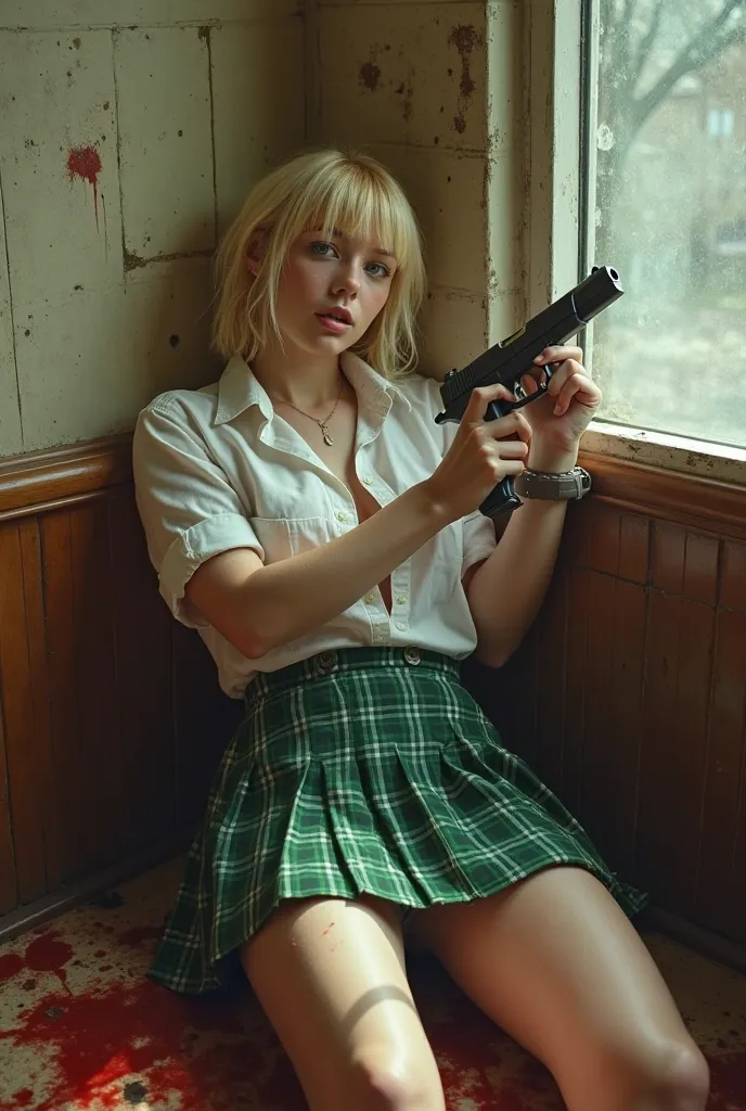 Photo,  Photo quality, Blonde English girl,  dressed as a schoolgirl, white shirt, green plaid skirt, leaning against the wall of a coffee shop, with legs resting on the floor, Somewhat open, raises a gun , And he has a large gunshot wound to the chest, Th...