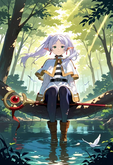 1girl, frieren, solo, green eyes, staff, outdoors, elf, tree, long hair, white capelet, twintails, pointy ears, pantyhose, colored eyelashes, looking at viewer, lake, water, wet, floating hair, bird, nature, scenery, tree shade, dappled sunlight, sitting i...