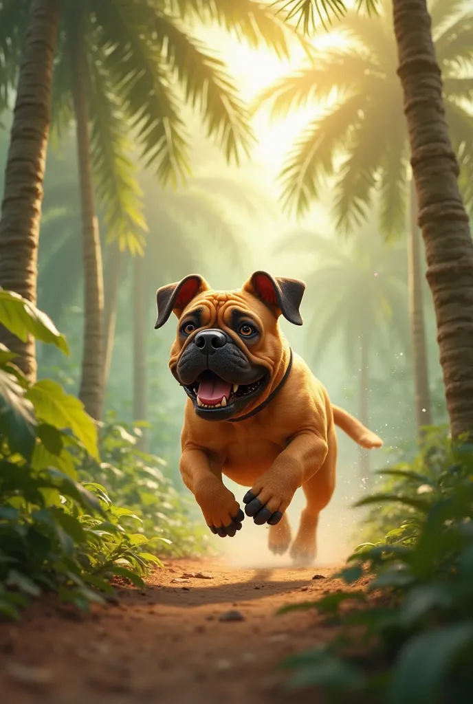 A black-nosed wrinkled dog, a brown body, runs in a coconut grove.