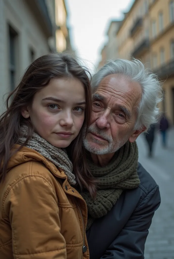 18-year-old girl with an innocent face is grotesquely penetrated by a 70-year-old, The grotesquely groped girl in the street.