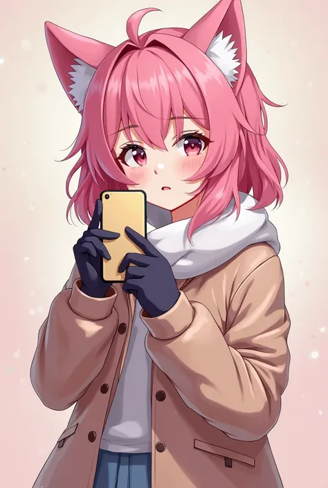 anime girl with pink hair and gloves holding a cell phone, a character portrait inspired by Taiyō Matsumoto, pixiv contest winner, furry art, holding a pudica pose, made with anime painter studio, halfbody portrait, pudica pose, unknown artstyle, flat anim...