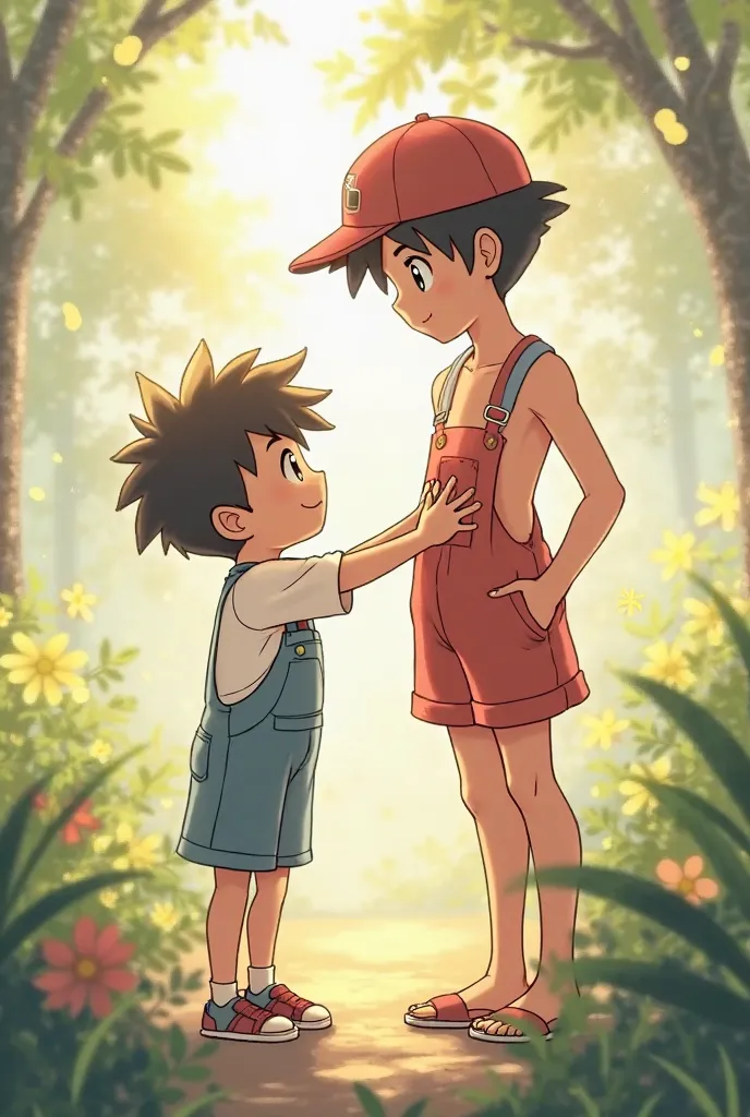 young boy can you help me take off my overalls? shirtless Pokemon style