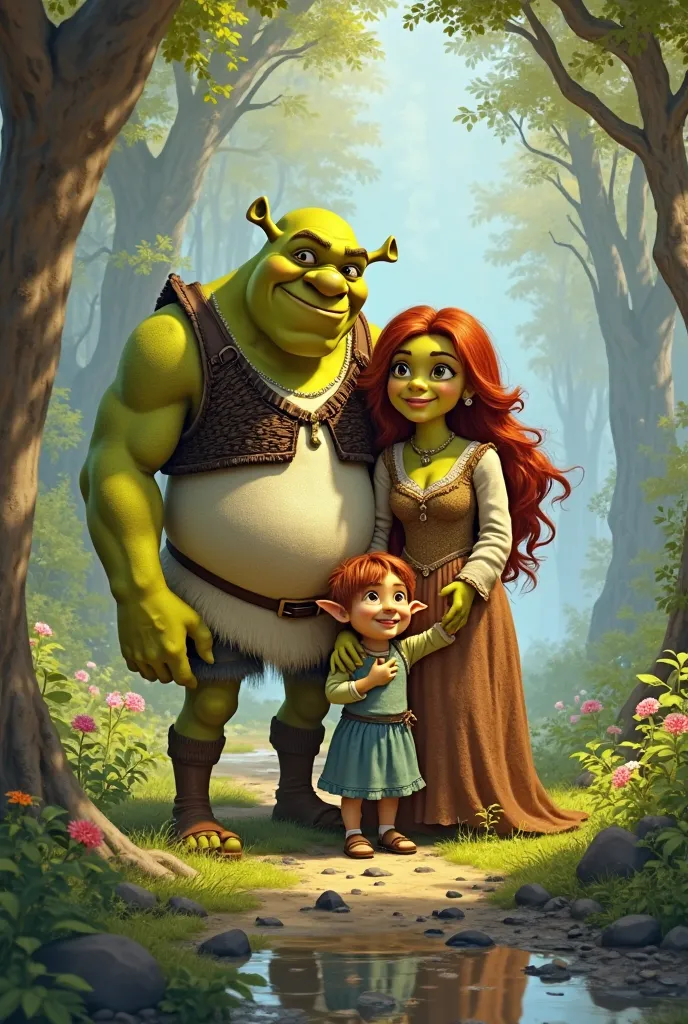 Generate a drawing of Shrek and his family