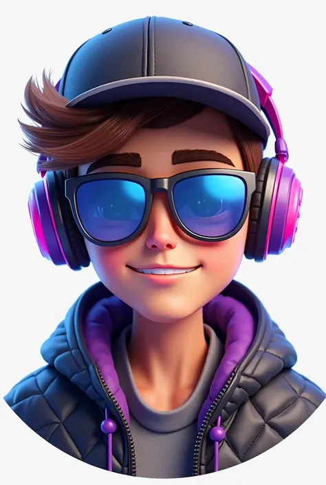 A 3D cartoon-style logo of a rapper-style young adult male character with brown hair wearing a cap, wearing blue reflective glasses and modern headphones with purple and pink details. The character has a confident smile and wears a dark quilted jacket with...