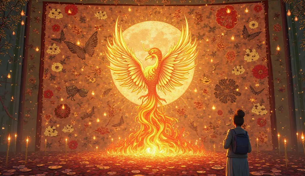 Symbolic tapestry showing Mei Li's journey from humble weaver to renowned silk artist, intertwined with the farmer's tale, threads connecting apparent misfortunes to beautiful outcomes, a phoenix rising from flames in the center, warm golden light illumina...