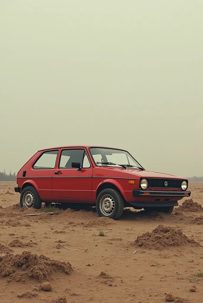 draw me a red Volkswagen golf 2 half buried in the ground with a hood in the ground , the car must stand upright and be buried on the door 
