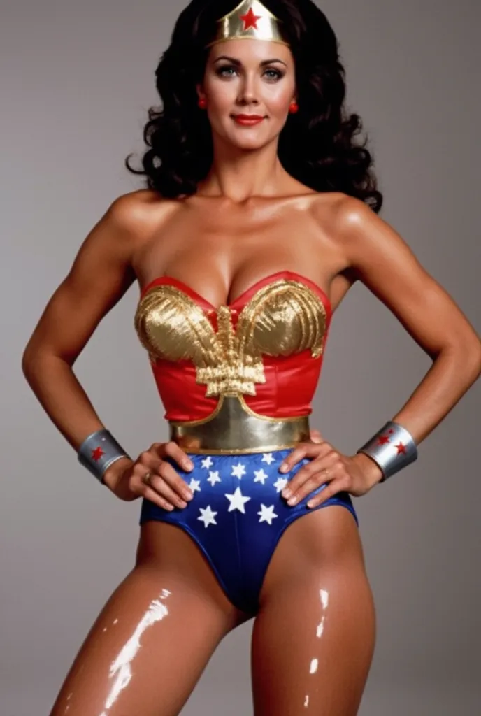 ((sexy Wonder Woman Linda Carter ))  full body photo,((she was covered with plastic liquid all over her body and it hardened))、((The plastic hardens and shines shiny all over her body))