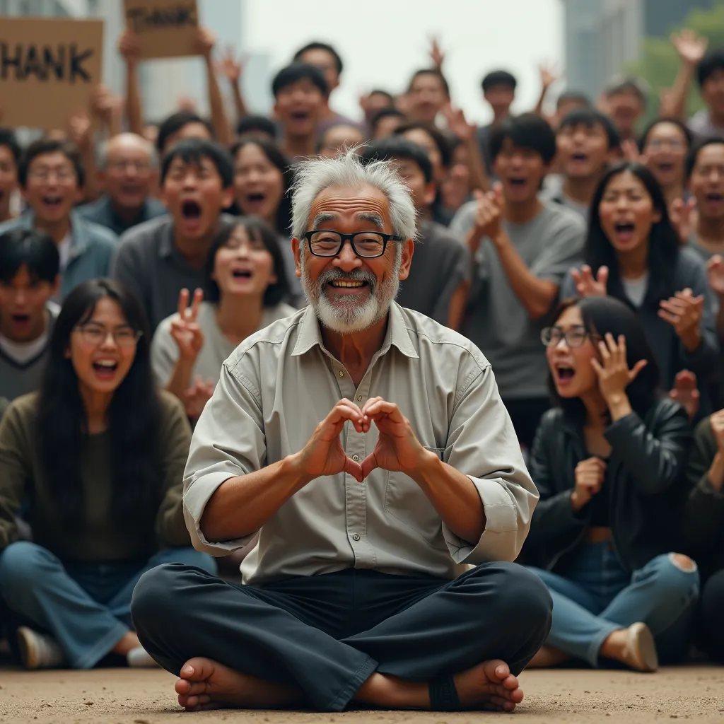 A photorealistic scene of a Japanese man sitting in seiza, surrounded by a diverse crowd of angry Japanese people of all ages and genders shouting. The focal man is in his 50s, with thick black-rimmed glasses, a scruffy beard, and salt-and-pepper hair; he ...