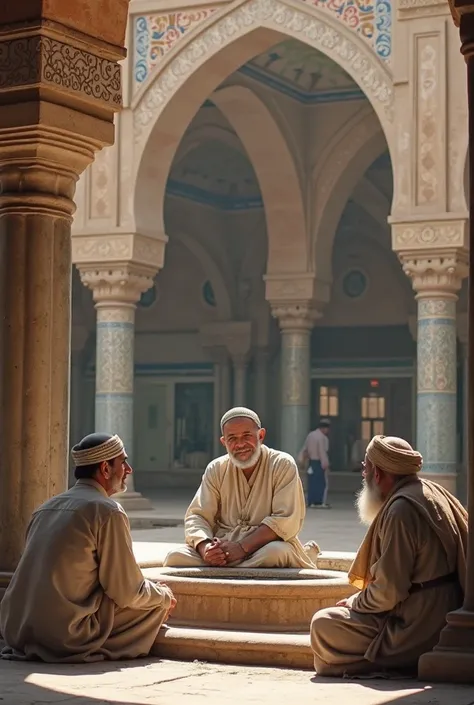 A   sits near a traditional stone fountain in the courtyard of a grand mosque, surrounded by other ren. An elderly uncle sits between them, dressed in traditional attire, sharing stories or wisdom. The mosque's grand arches and intricate tilework create a ...