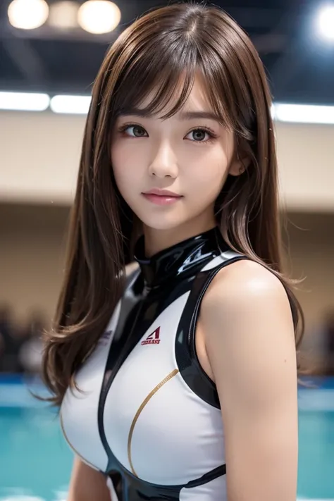  latex cheerleader uniform 、  knee-high boots 、 face close-up、
Huge 、 long brown hair、Sparkling,  oily skin、 glowing skin、Indoor competition pool、 white skin、Flying debris,  best quality ,  is present,  very detailed, finely,  high resolution,  8k Dende wa...