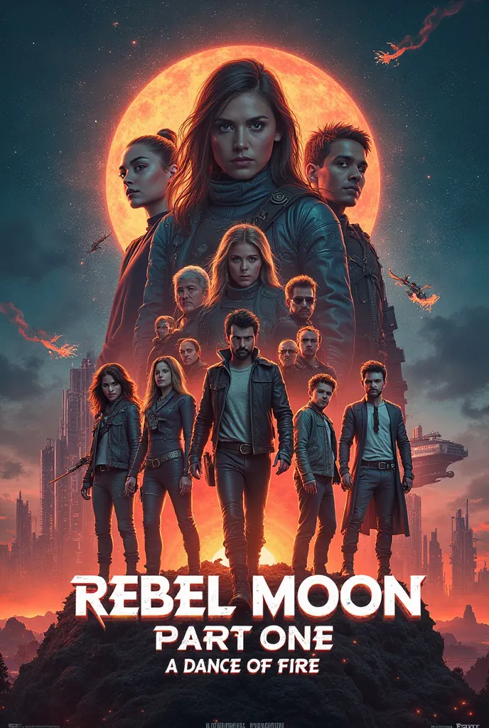 Write prompt for create movie poster about " Rebel Moon Part One: A  of Fire (2023)" with text logo