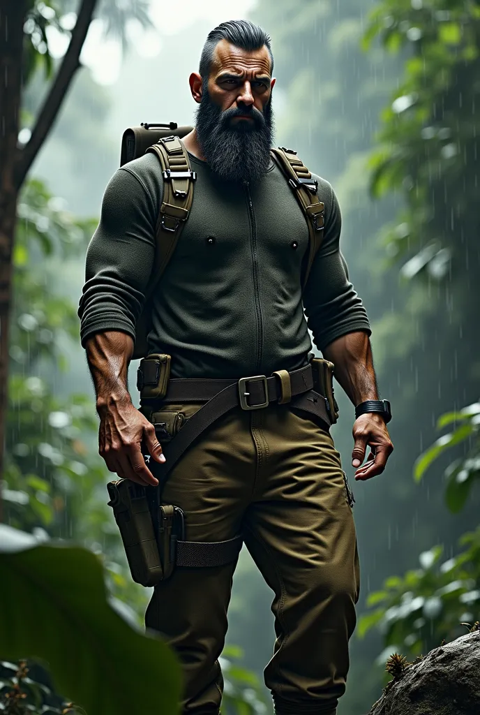 a realistic game character, male 40 years, buzz cut hair black, long black beard, belt weapon gears, wearing summer jungle sweater and a brown trousers, jungle boots, carry rifle gun, no tattoo, background is a rainy jungle.
