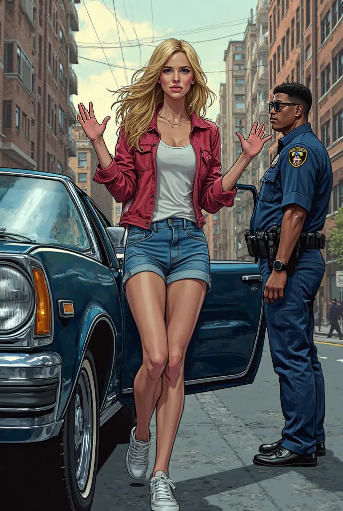 Gwen stacy comic with white sneaker  And stepping out of the car and hands up BY police 