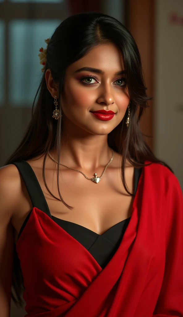 A breathtakingly beautiful young Desi woman with porcelain-fair skin, bindi in her forehead, deep blue eyes, and long black hair, partially tied back with delicate wet strands framing her face. A single flower adorns her hair, adding elegance. Her bold red...