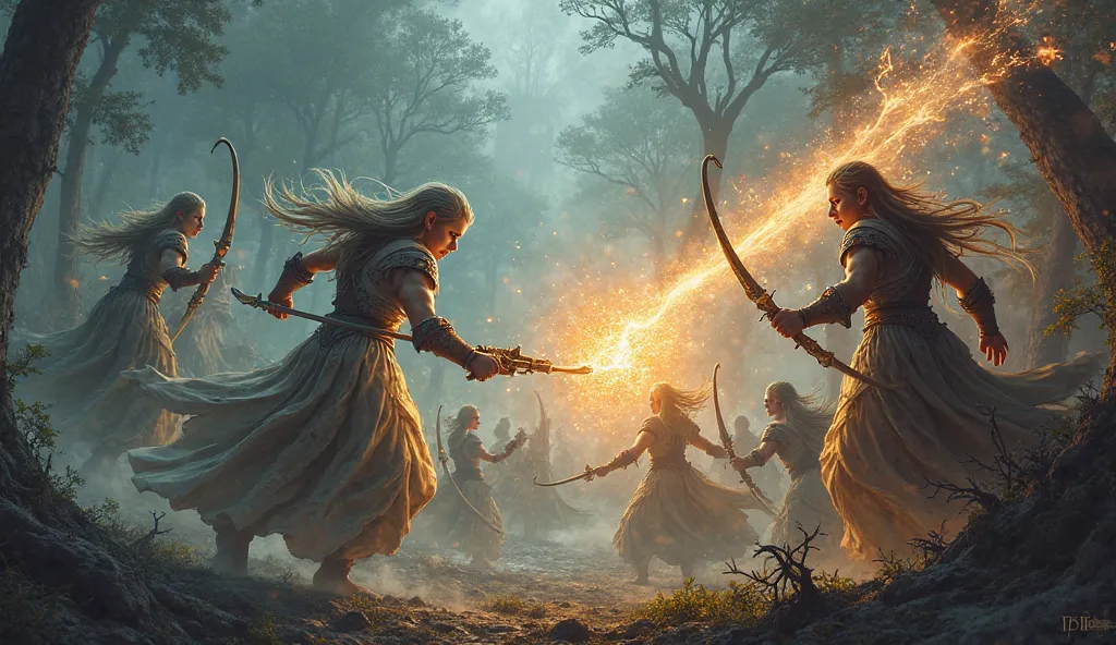 Battle of the Elves of Light and Darkness, ,  detailed style  