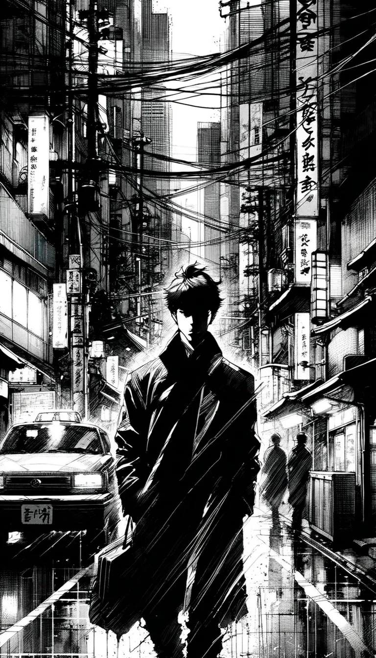 man, Japanese, 30-years-old, cityscape in Tokyo, noir, comic book-style drawing, ink brush strokes, oil paint, high contrast, cinematic lighting,