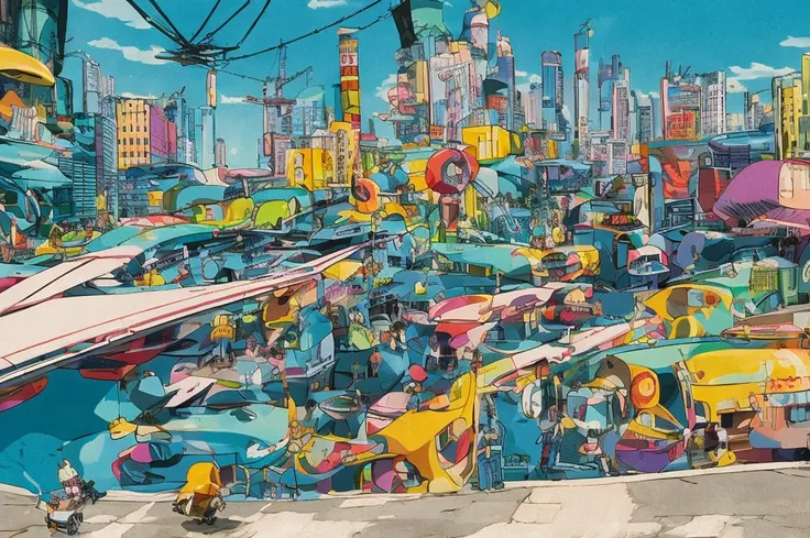 A lively and highly detailed futuristic cityscape with rounded buildings, exposed pipes, small flying vehicles, and neon signs. The atmosphere is colorful and vibrant, resembling retro-futuristic manga artwork from the 1980s, with a hand-drawn aesthetic an...