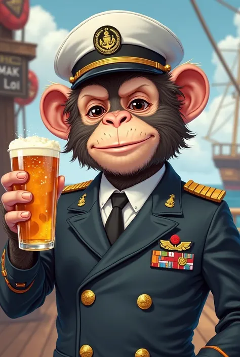 a SHIP OFFICER MONKEY HOLDING A GLASS OF BEER WITH NAME "MAK LOI" ON UNIFORM