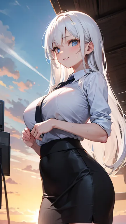 sagging breasts,1mature female,smile,huge breasts, ((huge breasts:1.4)),long breasts, (((face focus))),cowboy shot,black short pencil skirt,white collared shirt,black long tie,korean high school uniform,white hair,(((sweat,steam)))